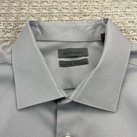 Calvin Klein Button Up Shirt Men 18 36/37 Gray Slim Fit Non-Iron Dress Formal - Picture 3 of 7